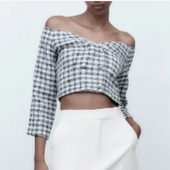 ZARA Women's Textured Off Shoulder Cropped Top Jacket Blue White Plaid Sz Large - Picture 2 of 12